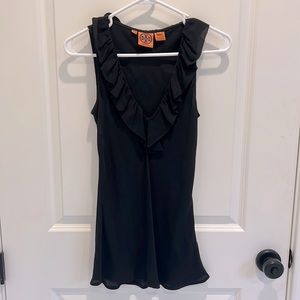 Tory Burch 100% silk black top with ruffle collar detail, size 2